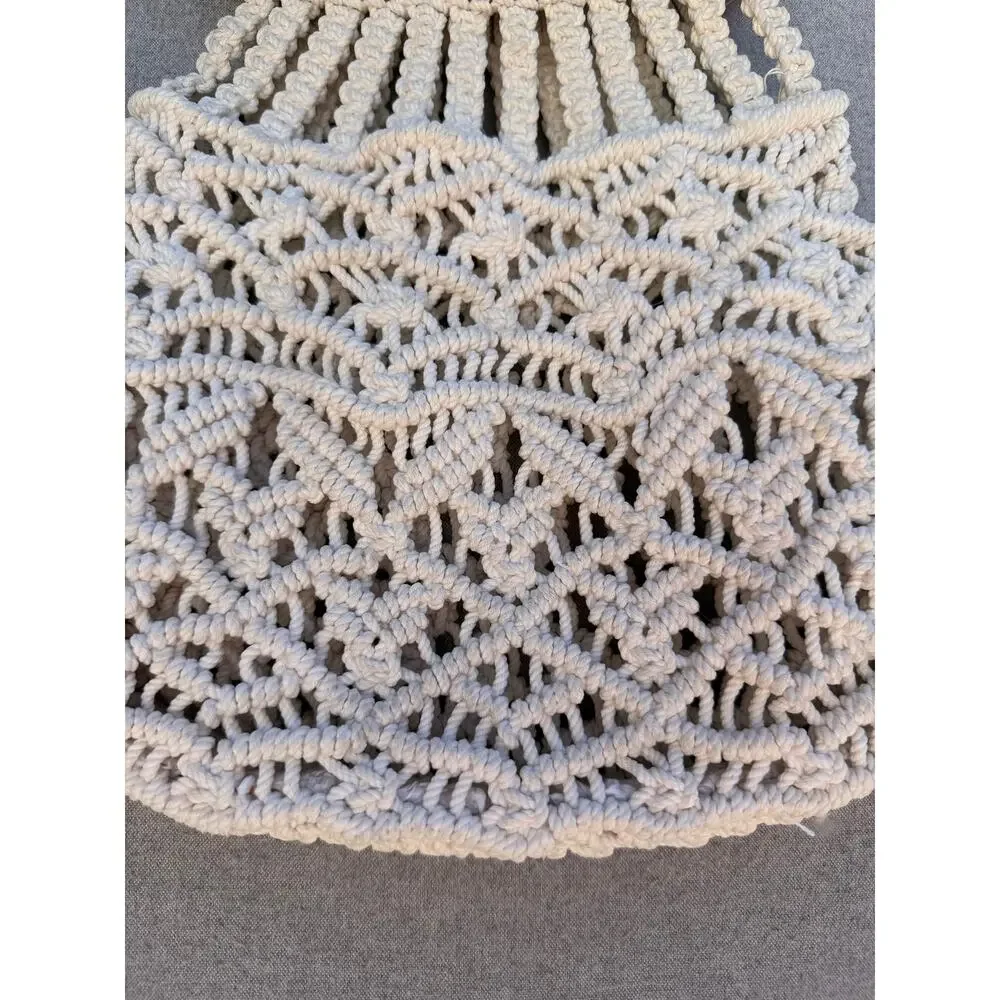 Vintage Macramé Handbag Wooden Handle Boho Ivory Rope Purse Unbranded